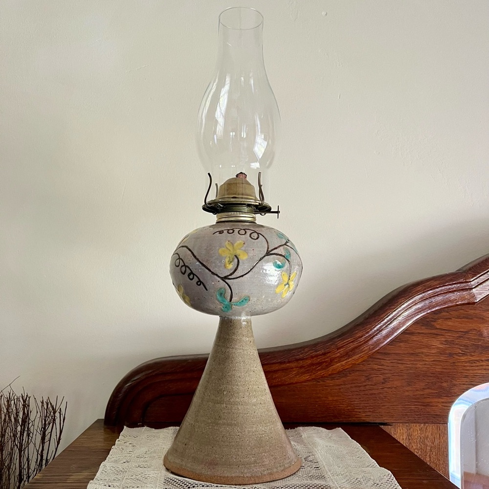 Vintage Ceramic Oil Lamp with Floral Design